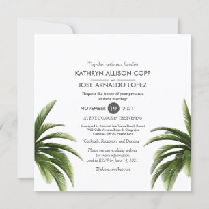 Tarjeta Boda verde de árbol de palmas tropical