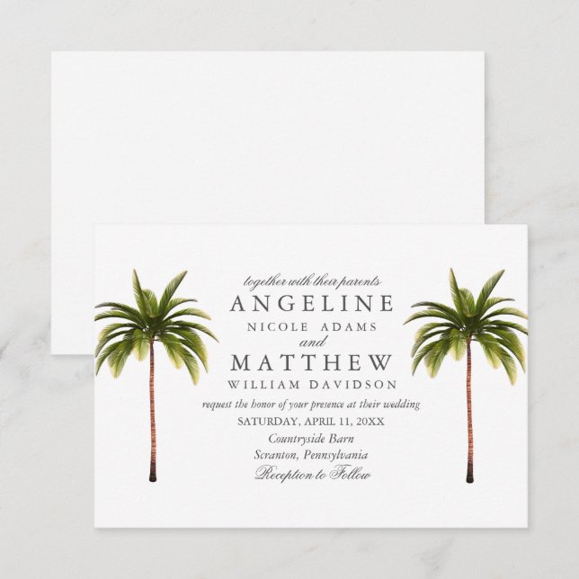 Tarjeta Boda verde de árbol de palmas tropical (Anverso / Reverso)