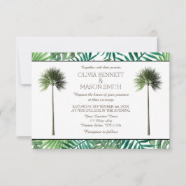 Tarjeta Boda verde de árbol de palmas tropical