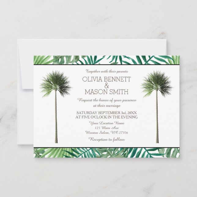 Tarjeta Boda verde de árbol de palmas tropical (Anverso)