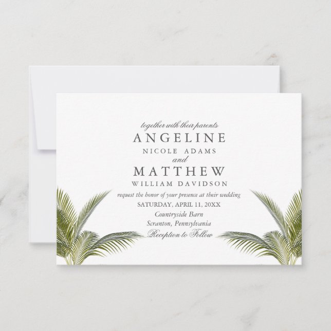 Tarjeta Boda verde de árbol de palmas tropical (Anverso)