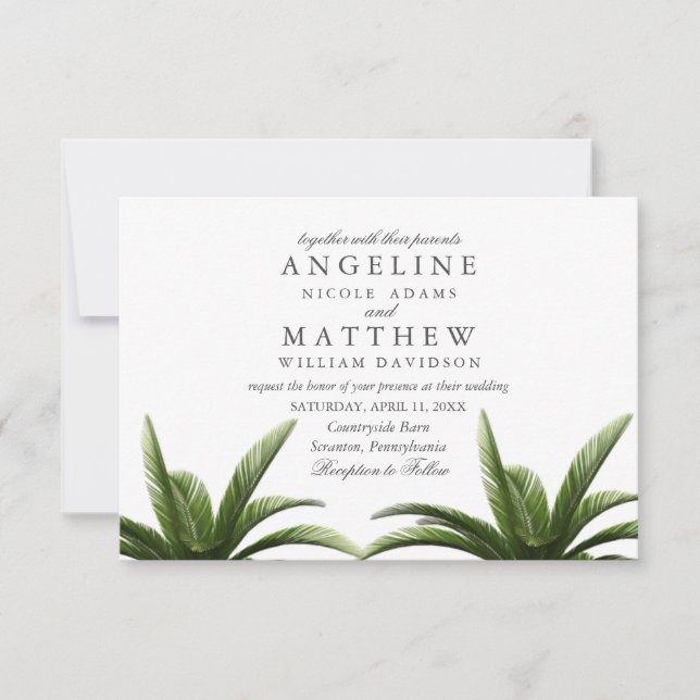 Tarjeta Boda verde de árbol de palmas tropical (Anverso)