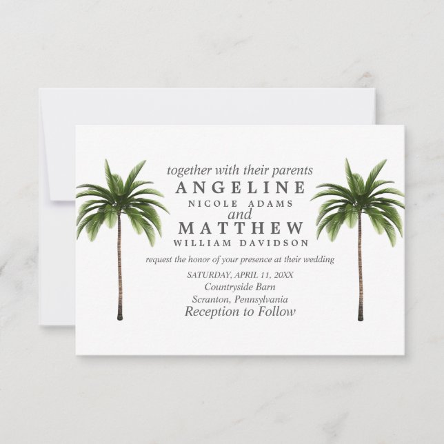 Tarjeta Boda verde de árbol de palmas tropical (Anverso)