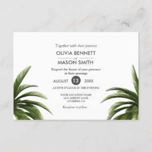 Tarjeta Boda verde de árbol de palmas tropical
