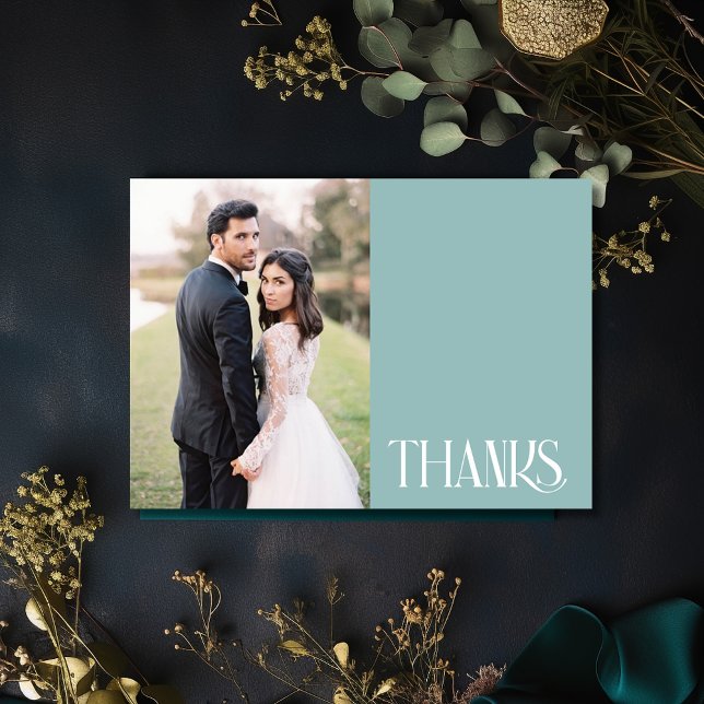 Tarjeta Boda verde Verde azulado simple. Gracias. (Simple Teal Green Wedding Photo Thank You Card)