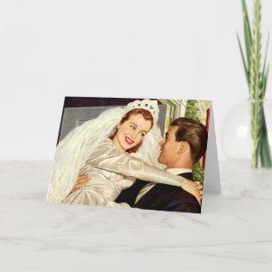 Tarjeta Boda Vintage, recién casados, novia feliz y novio