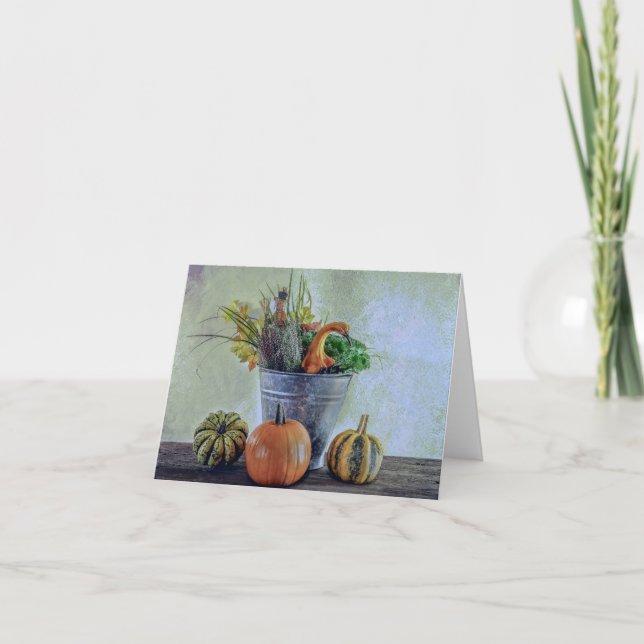 Tarjeta Bodegón de otoño con calabazas, flores (Anverso)