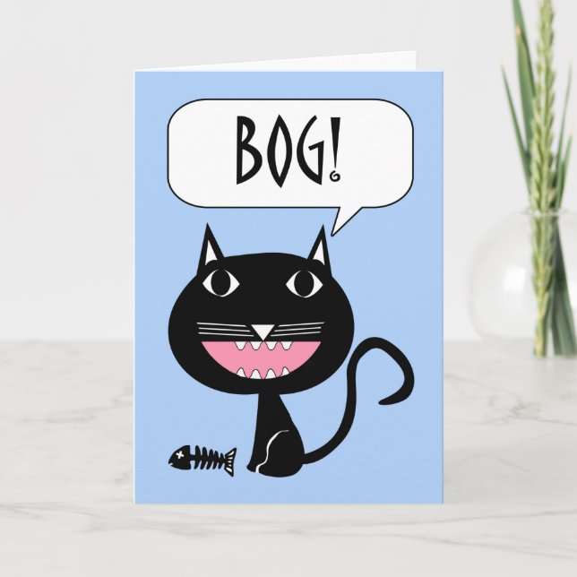Tarjeta ¡Bog! Hola en croata, gato negro con huesos de pes (Anverso)