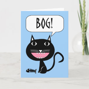 Tarjeta ¡Bog! Hola en croata, gato negro con huesos de pes