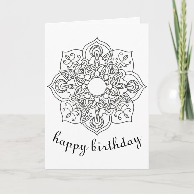 Tarjeta Boho Birthday mandala arte de colorear con adornos (Anverso)