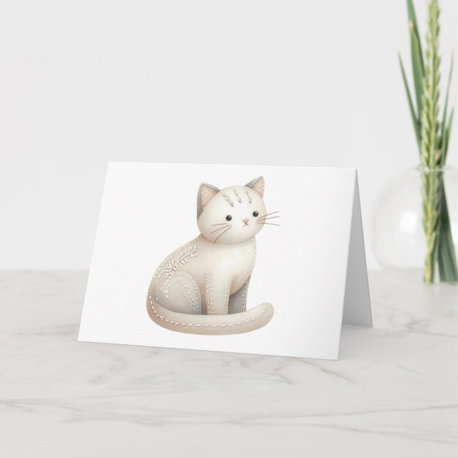 Tarjeta Boho Blank del gato gatito beige bordado (Anverso)