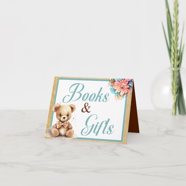Tarjeta Boho Blue Bear Baby Shower Libros y regalos (Anverso)
