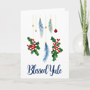 Tarjeta Boho Blue Feathers & Holly Yule Solstice