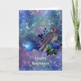 Tarjeta Boho Blue Purple Owl Moon Cumpleaños