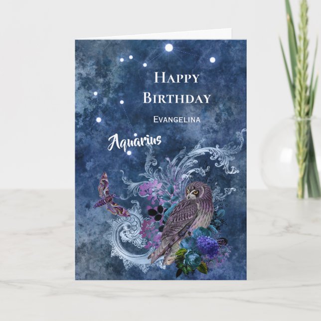 Tarjeta Boho Blue Zodiac Aquarius Constellation Cumpleaños (Anverso)