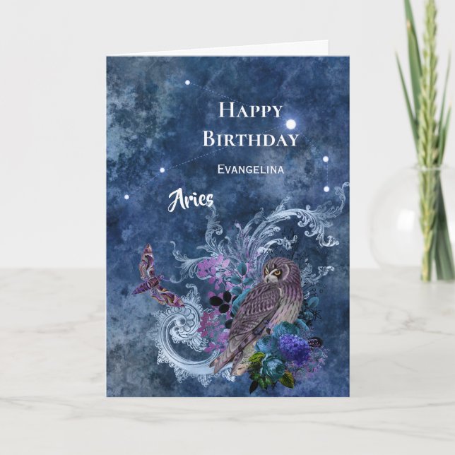 Tarjeta Boho Blue Zodiac Aries Constellation Cumpleaños (Anverso)
