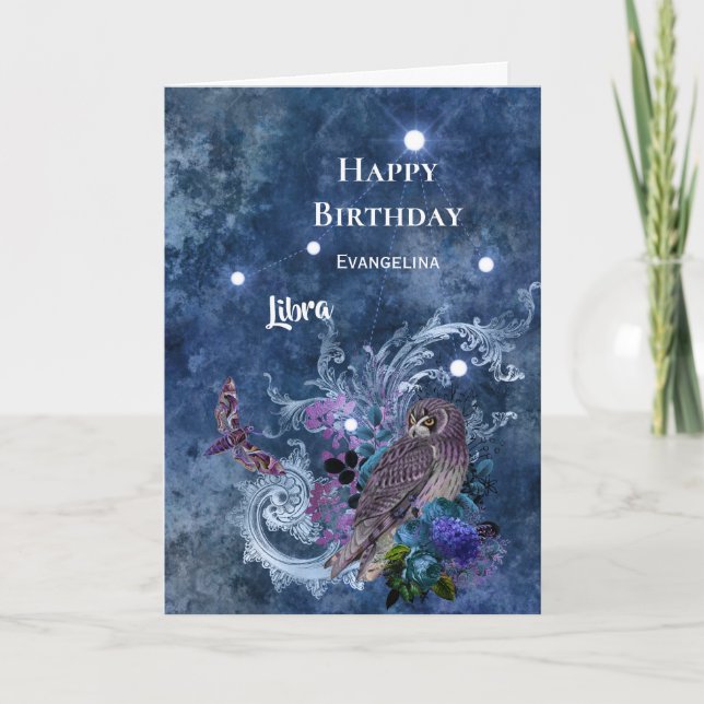 Tarjeta Boho Blue Zodiac Libra Constelación Cumpleaños (Anverso)