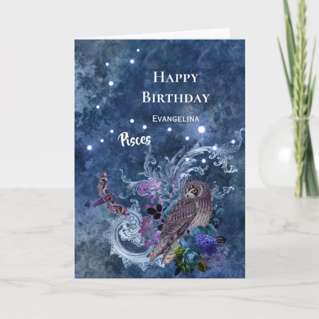 Tarjeta Boho Blue Zodiac Pisces Constelación Cumpleaños (Anverso)