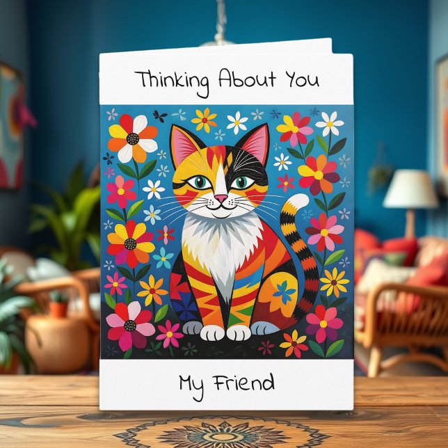 Tarjeta Boho Cat, Flowers & Butterfly Thinking of You (Subido por el creador)