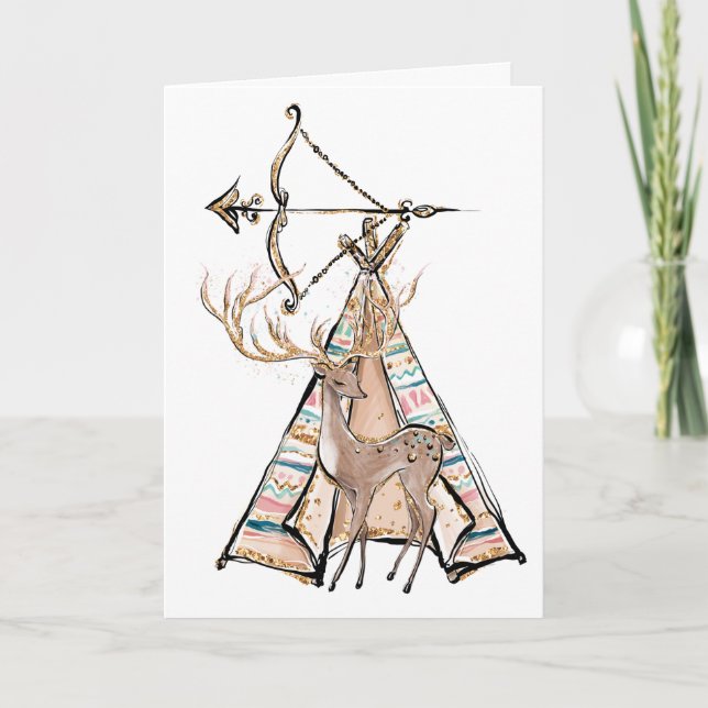 Tarjeta Boho Deer Tent Happy Birday (Anverso)