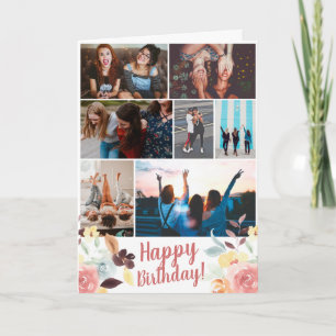 Tarjeta Boho fall floral watercolor birthday 7 photo grid