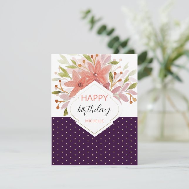 Tarjeta Boho Floral Beige Purpura Moderna  (Anverso de pie)