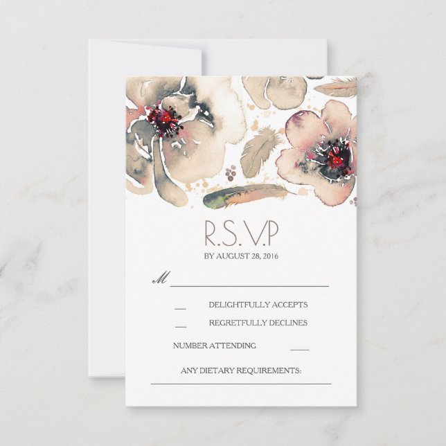 Tarjeta Boho Floral Fethers Watercolor Marfil RSVP (Anverso)