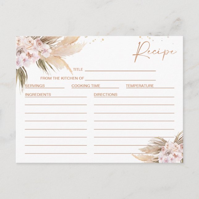 Tarjeta Boho Floral Rosa Gold Bridal Ducha Receta (Anverso)