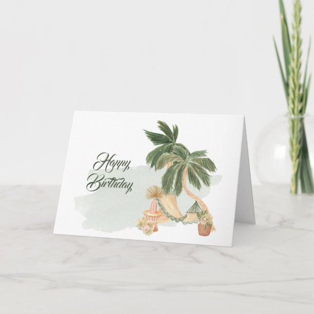 Tarjeta Boho Green Hammock Palm Trees Floral Cumpleaños (Anverso)