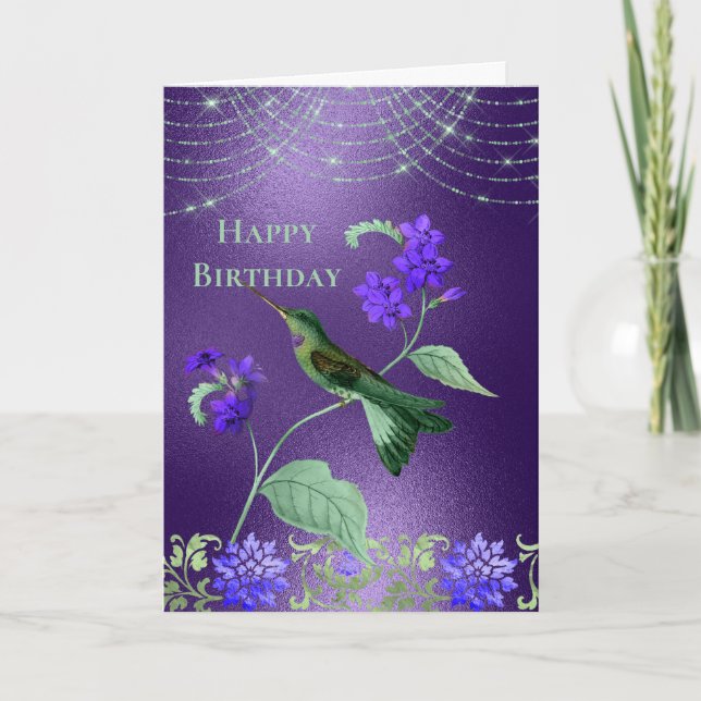 Tarjeta Boho Green Purple Hummingbird Floral Cumpleaños (Anverso)