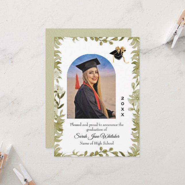 Tarjeta Boho Leaf Border Hi-School Graduation announcement (Anverso/Reverso In Situ)
