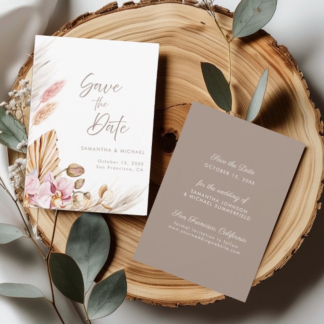 Tarjeta Boho Pampas Grass Blush Orchid Save the Da (Subido por el creador)