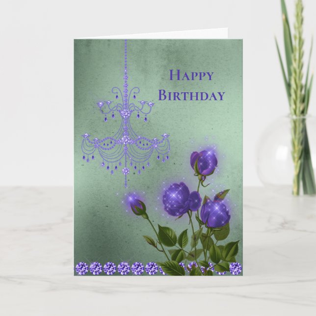 Tarjeta Boho Purple Chandelier Diamond Floral Cumpleaños (Anverso)
