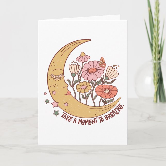 Tarjeta Boho Retro Flores Luna Vibe De Verano Toma Un Mome (Anverso)