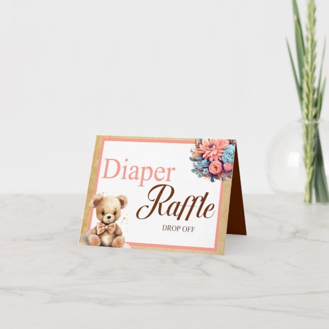 Tarjeta Boho Rosa Oso Baby Shower Diaper Raffle Desaparece (Anverso)
