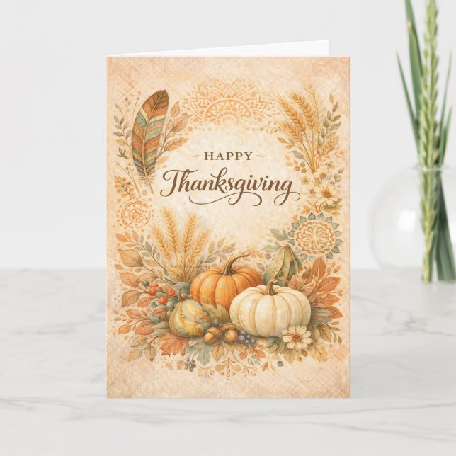 Tarjeta Boho Rustic Thanksgiving Pumpkin Harvest  (Anverso)