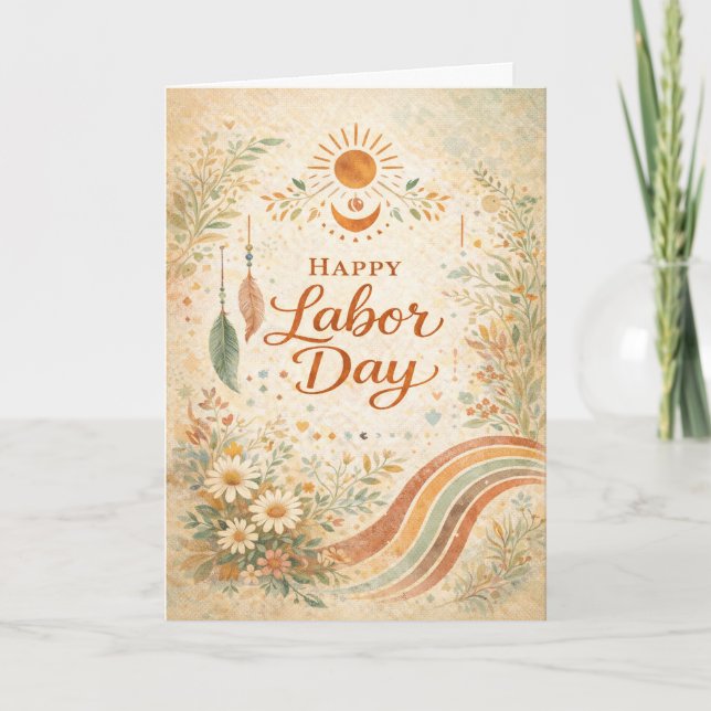Tarjeta Boho Sol Flores Silvestres Feliz Día del Trabajo (Anverso)