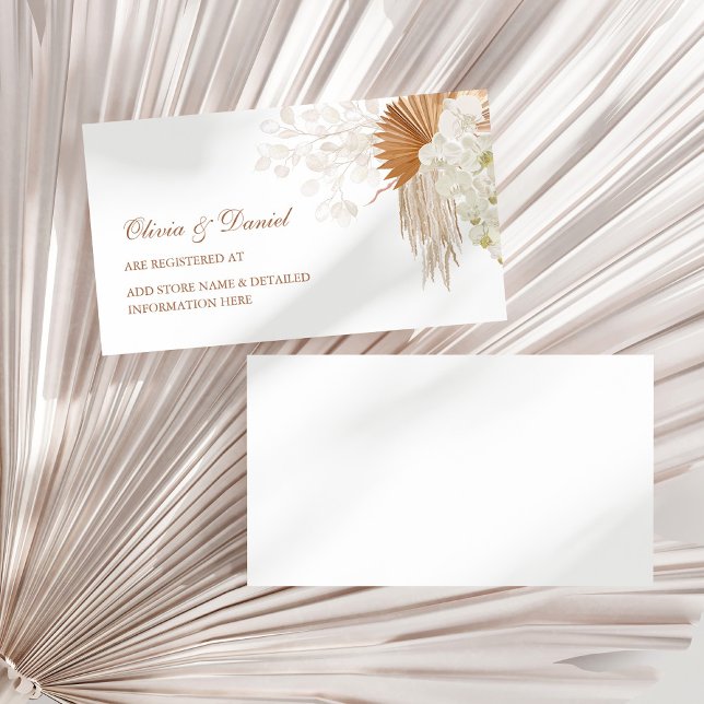 Tarjeta Boho Terracotta Pampas Registro de Orquíde (Boho Terracotta Pampas Grass Orchid Registry Card on a sunny white dry palm leaf.)