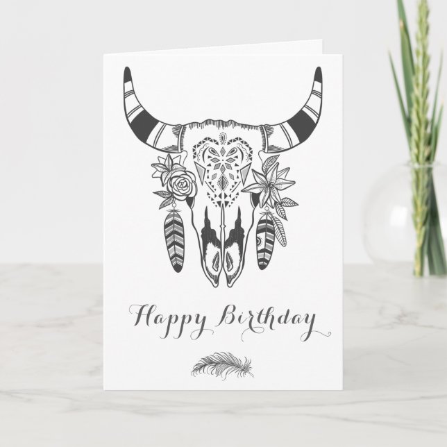 Tarjeta Boho Tribal Cráneo Gris y Blanco Cumpleaños Bohemi (Anverso)