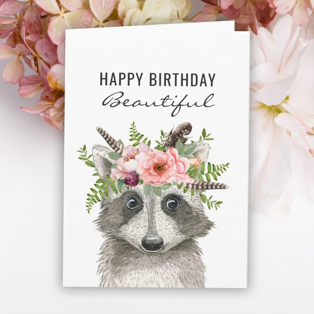 Tarjeta Boho Watercolor Raccoon Feliz cumpleaños (Subido por el creador)