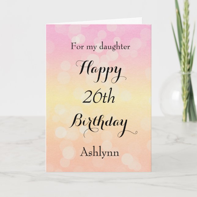Tarjeta Bokeh amarillo y rosa 26 cumpleaños (Anverso)