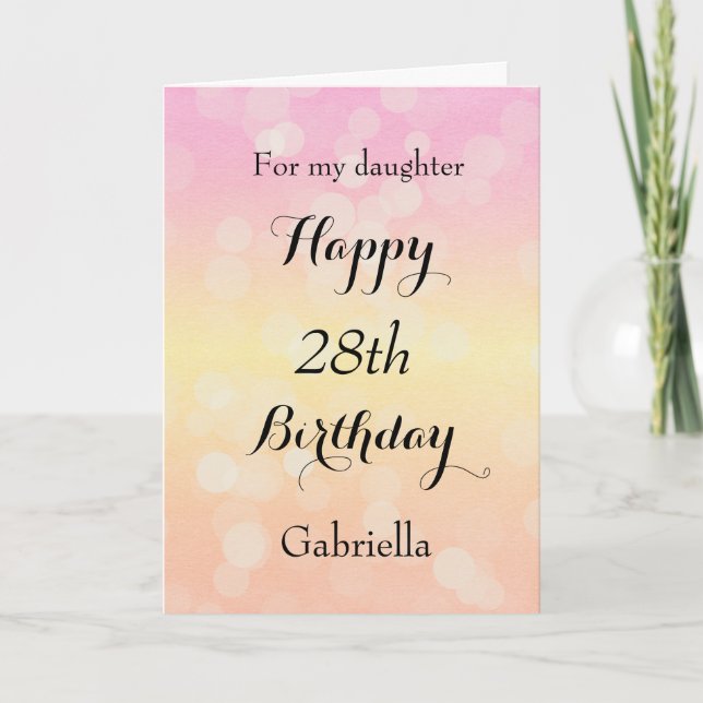 Tarjeta Bokeh amarillo y rosa 28 cumpleaños (Anverso)