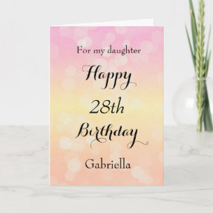 Tarjeta Bokeh amarillo y rosa 28 cumpleaños
