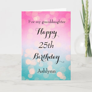 Tarjeta Bokeh rosa y azul 25 cumpleaños