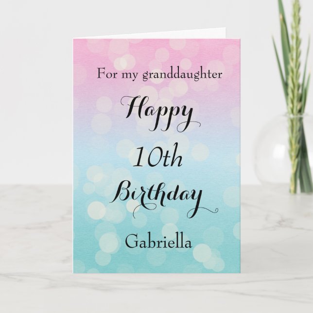 Tarjeta Bokeh rosa y azul décimo cumpleaños (Anverso)