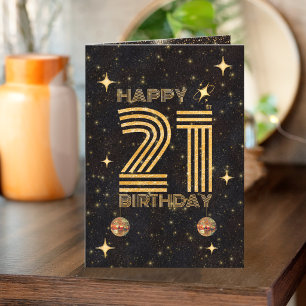 Tarjeta Bola de Disco Bailando Oro Negro Cumpleaños 21 Fel