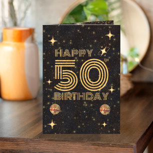 Tarjeta Bola de Disco Bailando Oro Negro Cumpleaños 50