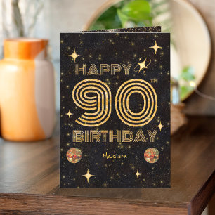 Tarjeta Bola de Disco Bailando Oro Negro Cumpleaños 90