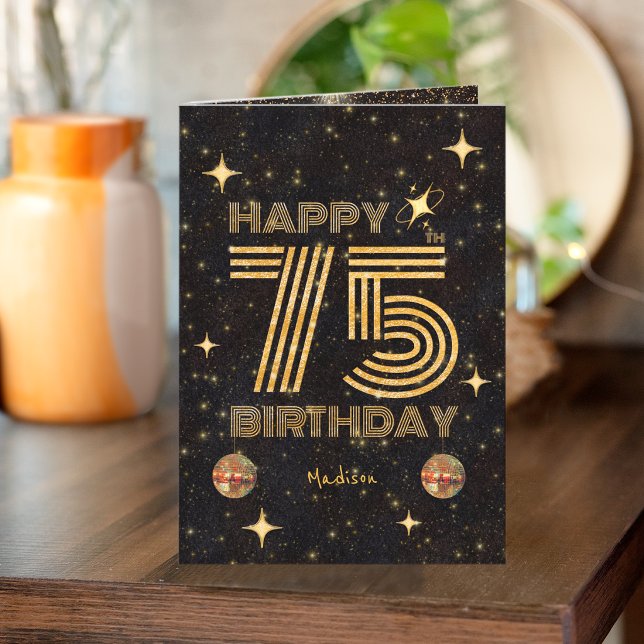 Tarjeta Bola de discoteca bailando oro negro 75 cumpleaños (Subido por el creador)