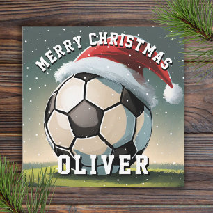 Tarjeta Bola de fútbol Santa Hat Feliz Navidad